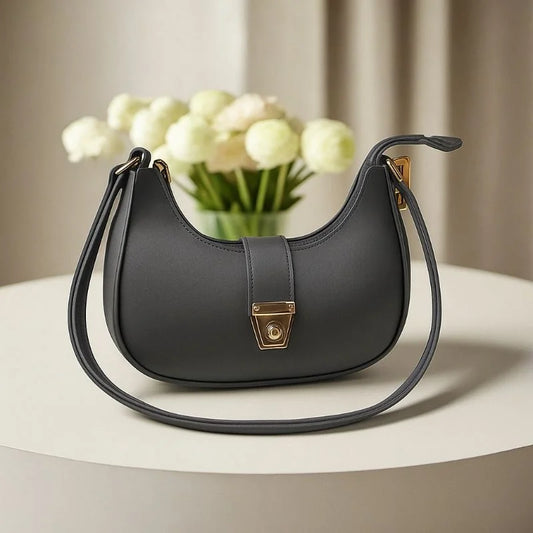 Crescent Luxury Faux Leather Shoulder Bag | Dark Gray Elegant Handbag for Women