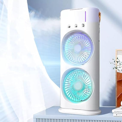 Mini Double Head Mist Fan with LED Light & Humidifier | Portable USB Air Cooler for Home Office Travel