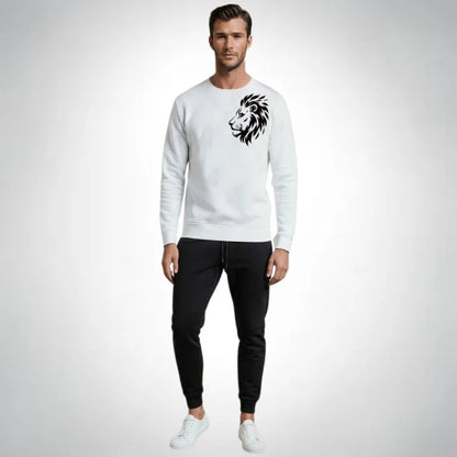 LION Printed White Tracksuit Sweatshirt & Trouser  | Warm & Comfortable Winter Wear | Large