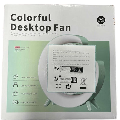 Colorful USB Rechargeable Desktop Fan | Silent Cooling, LED Ambient Light, 3-Speed Rotation